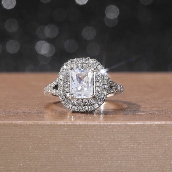 🌸DOUBLE LAYER 14K WHITE GOLD RADIANT CUT PURE CZ LUXURY WEDDING RING, K856 - Picture 3 of 6
